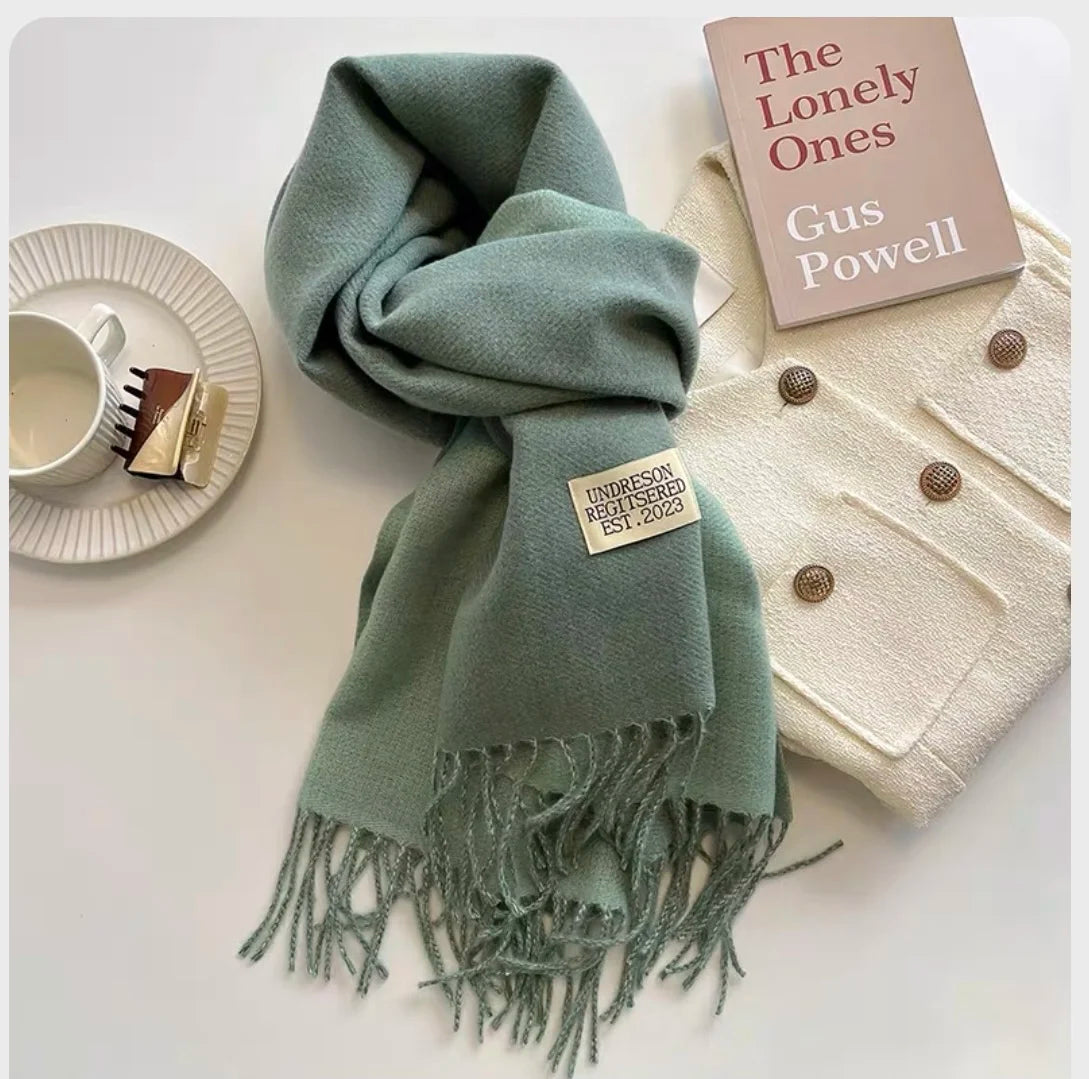 カシミヤタッチの冬用マフラー レディース 両面デザイン 暖かい大判パシュミナショール タッセル付き